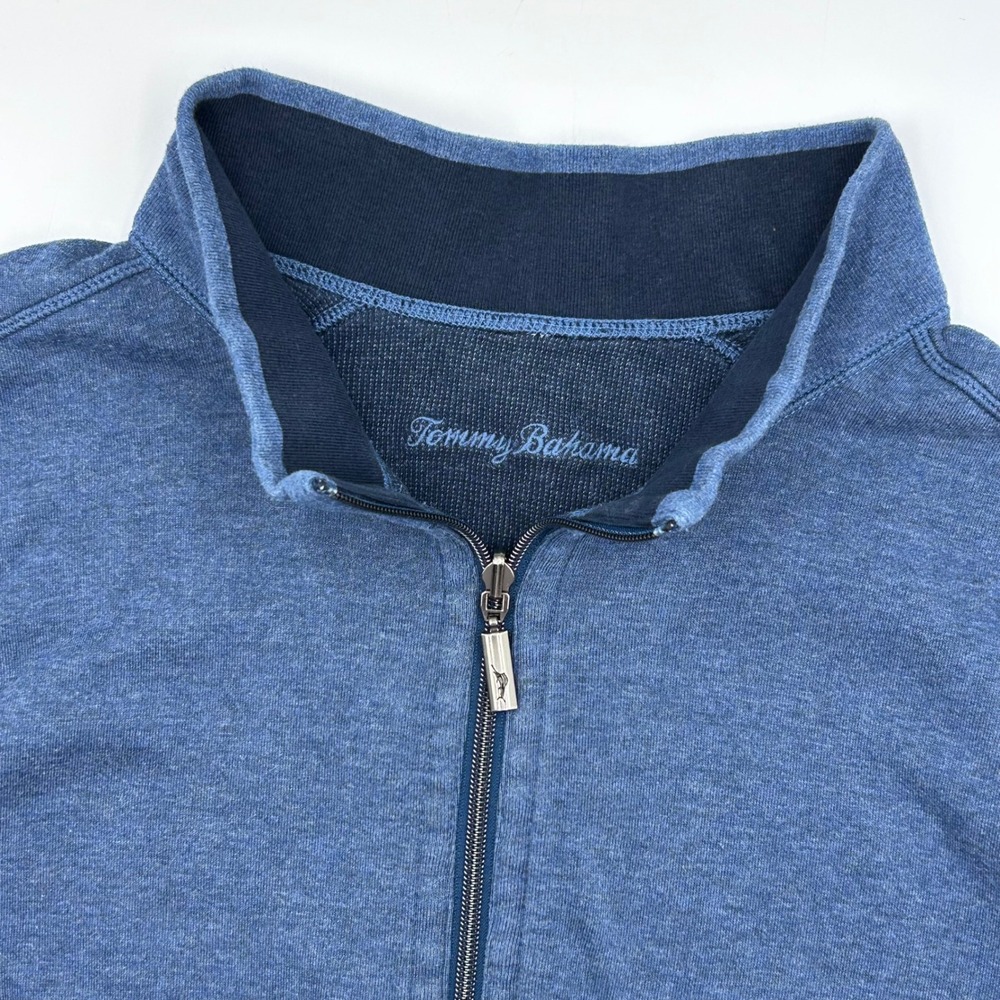 Tommy Bahama Mens Blue Heathered Full Zip Mock Neck Vest Marlin Logo XL EUC Cott